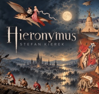 Albumcover Hieronymus: ein fliegender Fisch mit zwei Reitern über einer mondbeschienenen Landschaft im Stil von Hieronymus Bosch
